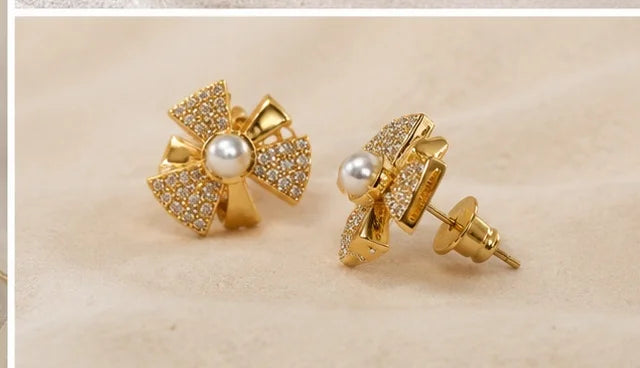 Pearl Bow Crystal Studs