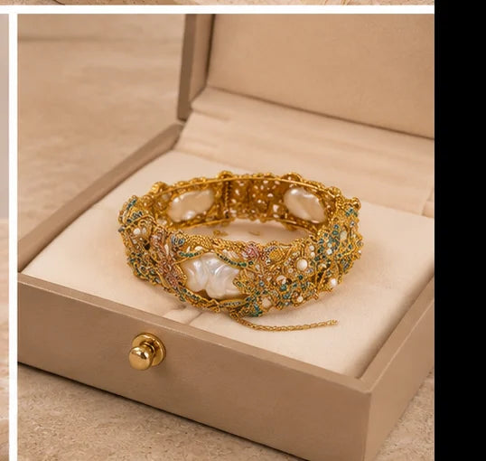 Golden Floral Pearl Bridal Bangle