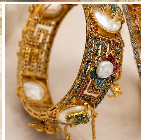 Golden Pearl Crystal Bridal Bangle Set