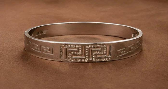 Silver Crystal Greek Key Bangle