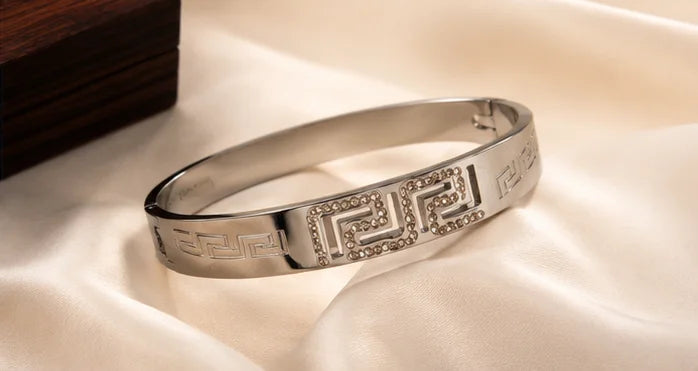 Silver Crystal Greek Key Bangle