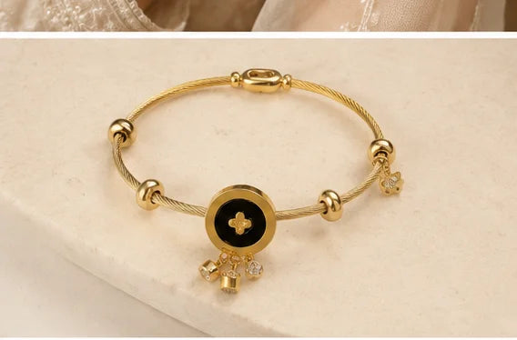 Golden Black Clover Charm Bangle