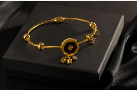 Golden Black Clover Charm Bangle