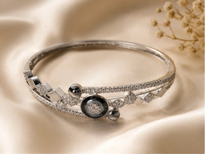 Silver-Tone Onyx Crystal Accent Bangle
