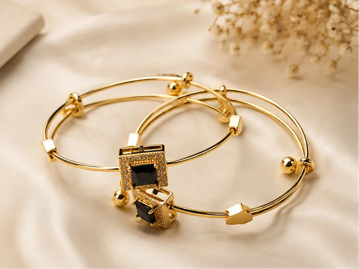 Golden Smoky Crystal Charm Bangle Set