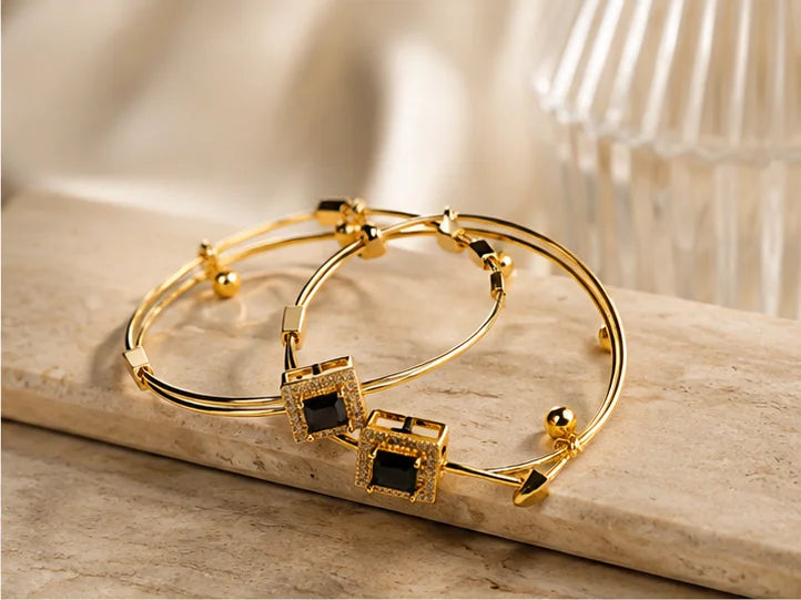 Golden Smoky Crystal Charm Bangle Set