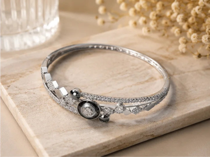 Silver-Tone Onyx Crystal Accent Bangle