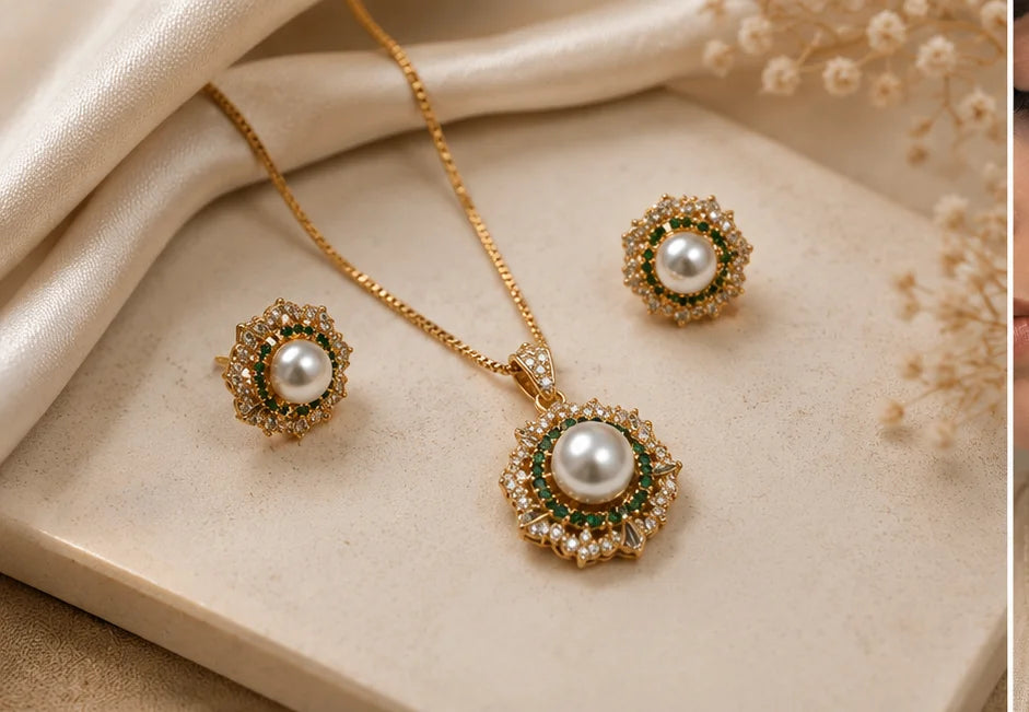 Emerald Halo Pearl Jewelry Set