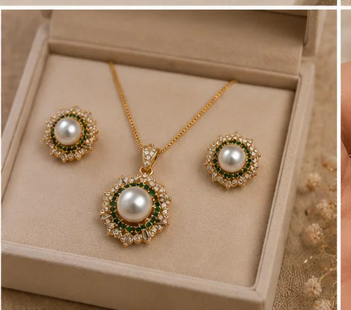Emerald Halo Pearl Jewelry Set